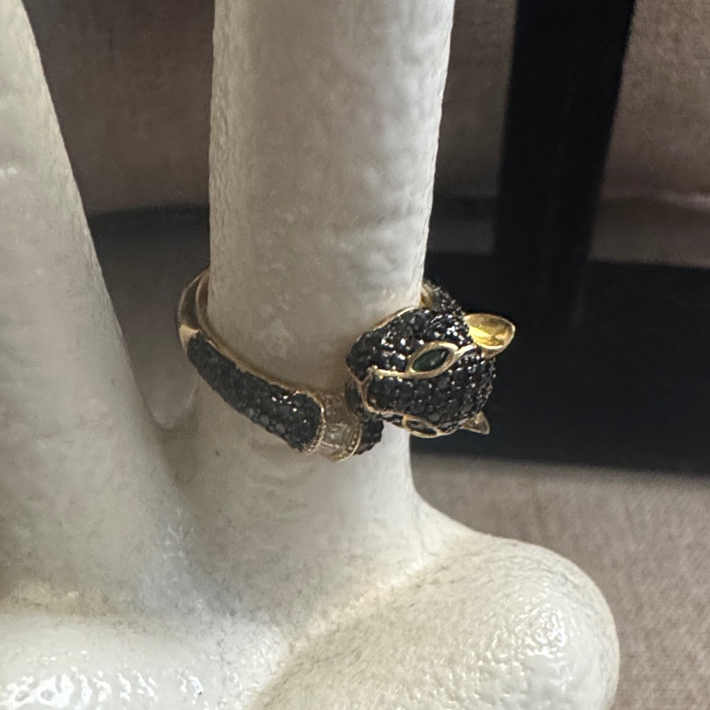 Gold-Tone Black Panther Ring with Green Eyes - Brand Unspecified